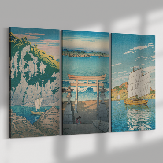 3 Piece Canvas Print Set – Horai Rock in the Kiso River, Futomi in Awa Province, Iwafune in Bingo Province