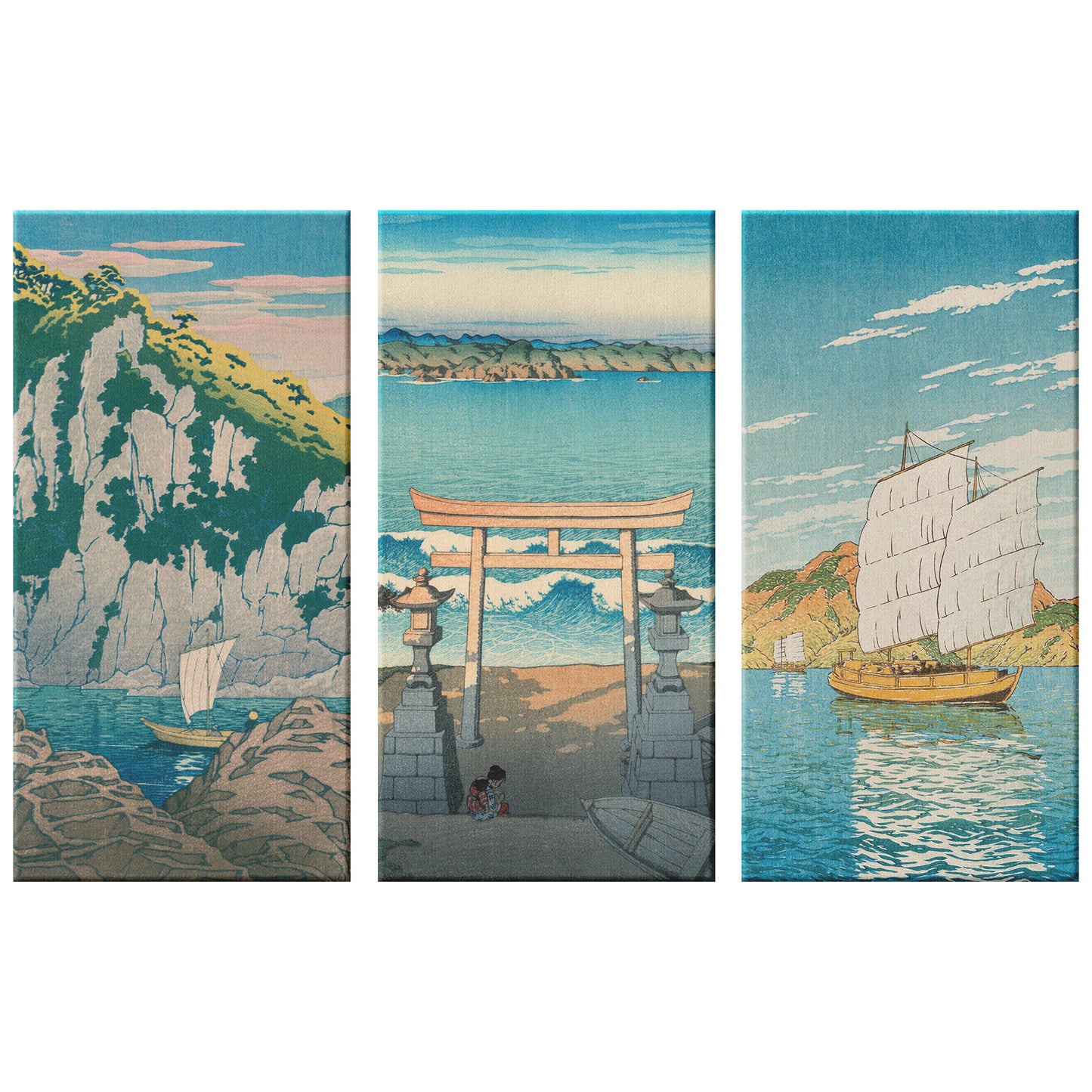 3 Piece Canvas Print Set – Horai Rock in the Kiso River, Futomi in Awa Province, Iwafune in Bingo Province