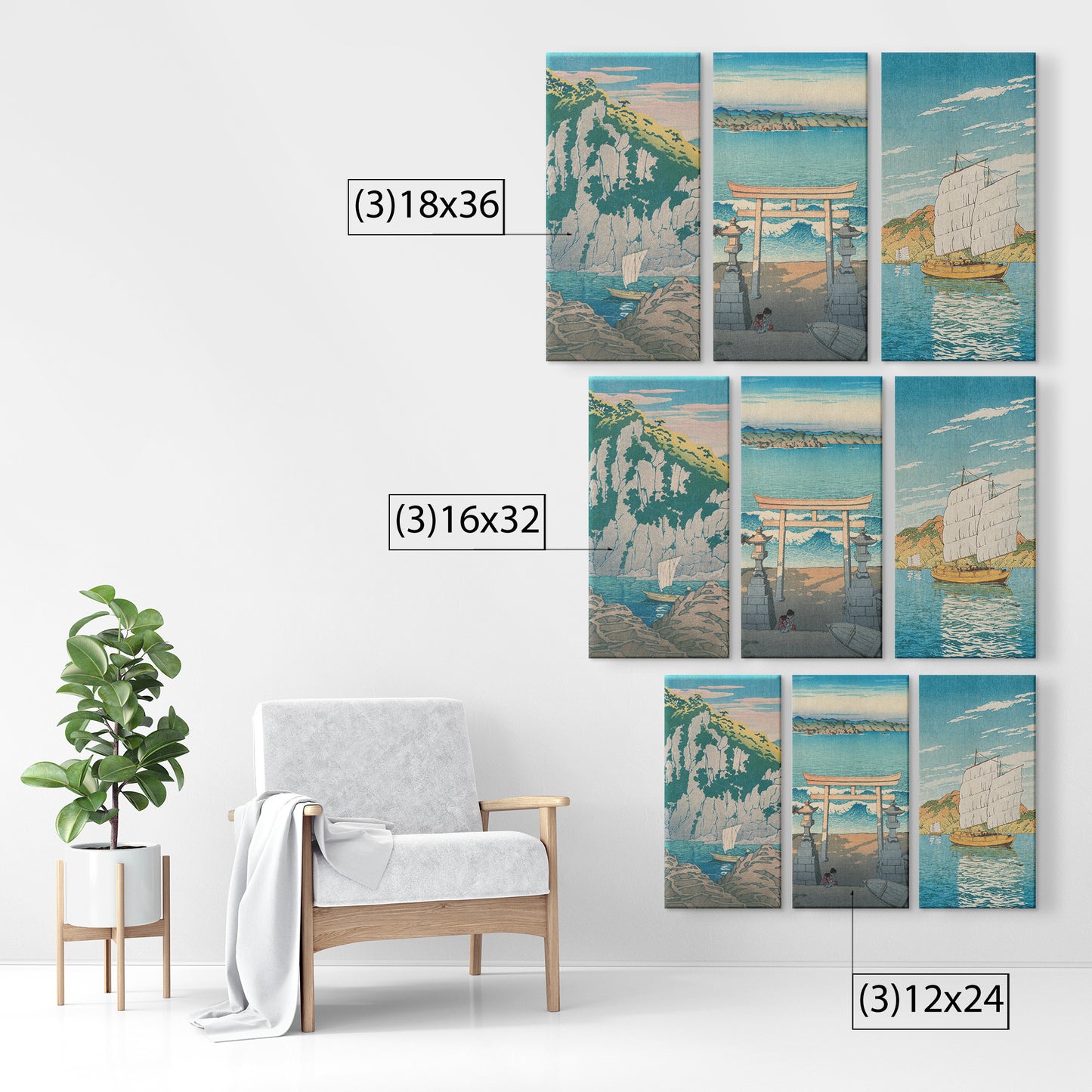 3 Piece Canvas Print Set – Horai Rock in the Kiso River, Futomi in Awa Province, Iwafune in Bingo Province