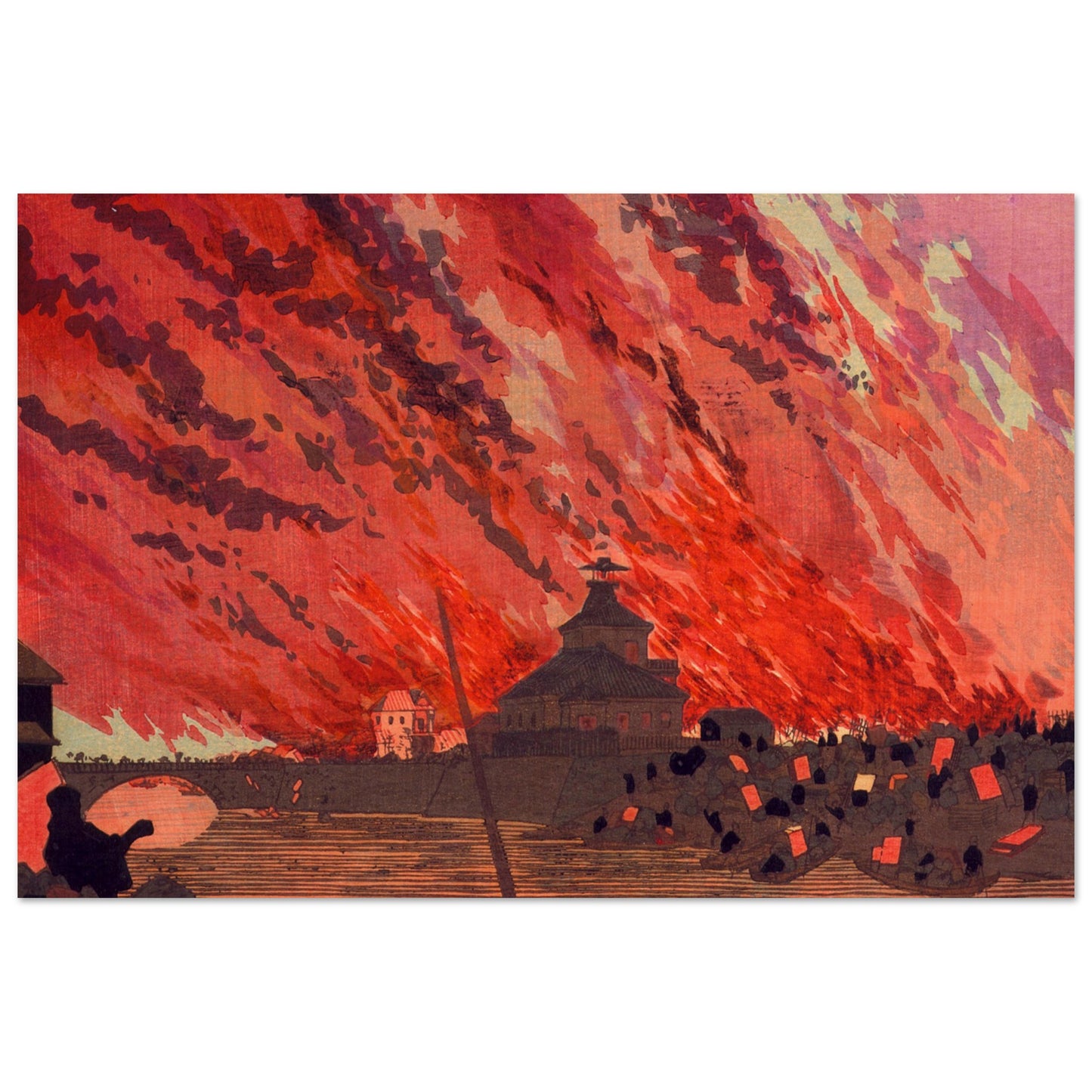 The Great Fire at Ryogoku Bridge by kobayashi kiyochika - Wood Print