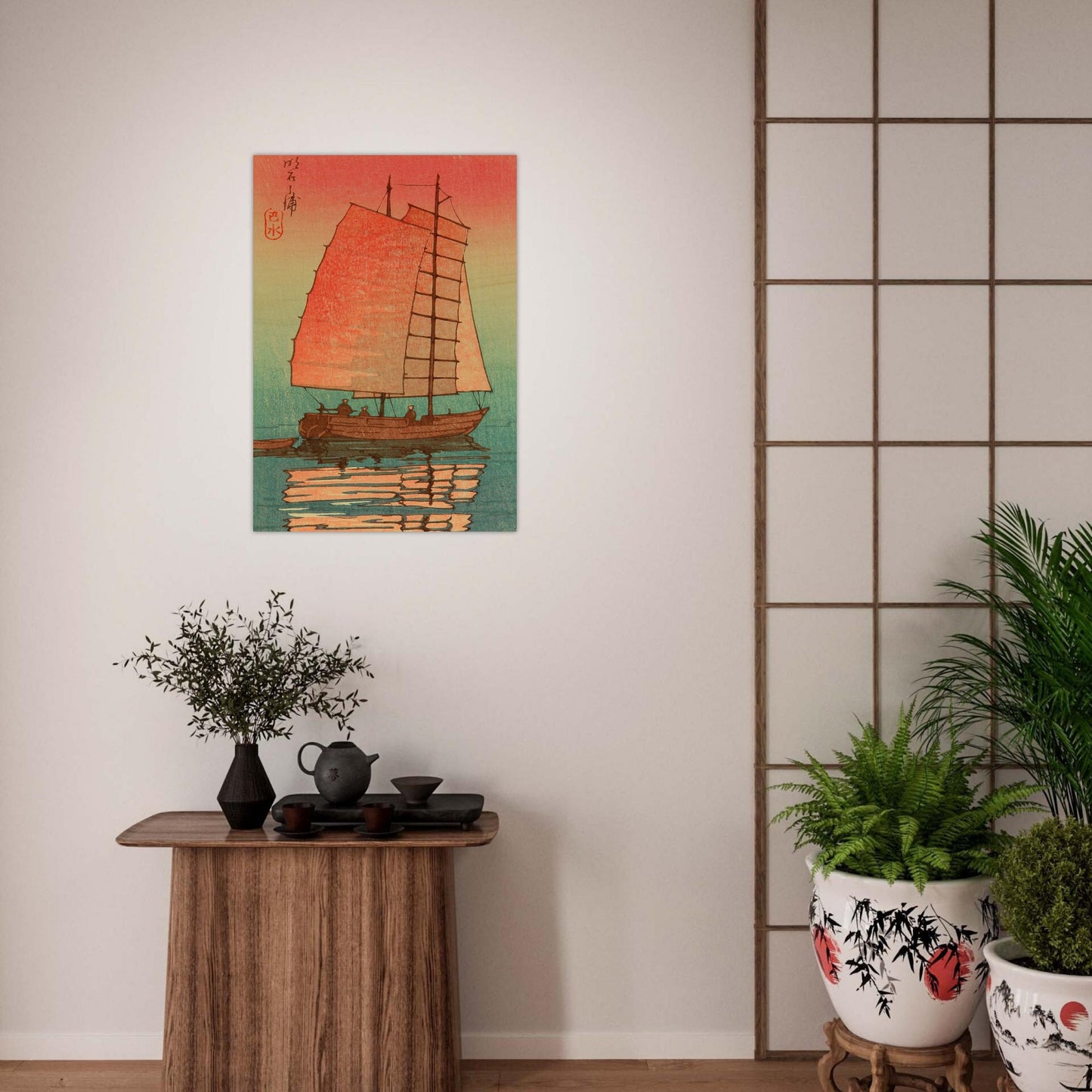 Sail Boat in Sunset Glow by Kawase Hasui - Wood Print