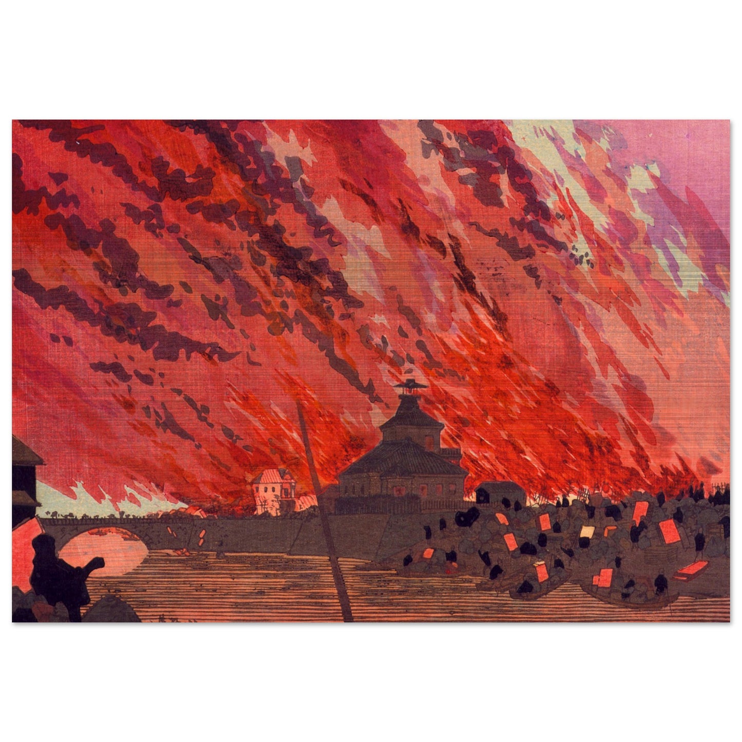 The Great Fire at Ryogoku Bridge by kobayashi kiyochika - Brushed Aluminum Print